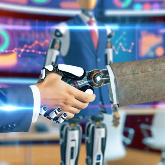 A modern office with AI systems depicted through digital overlays enhancing productivity and efficiency.