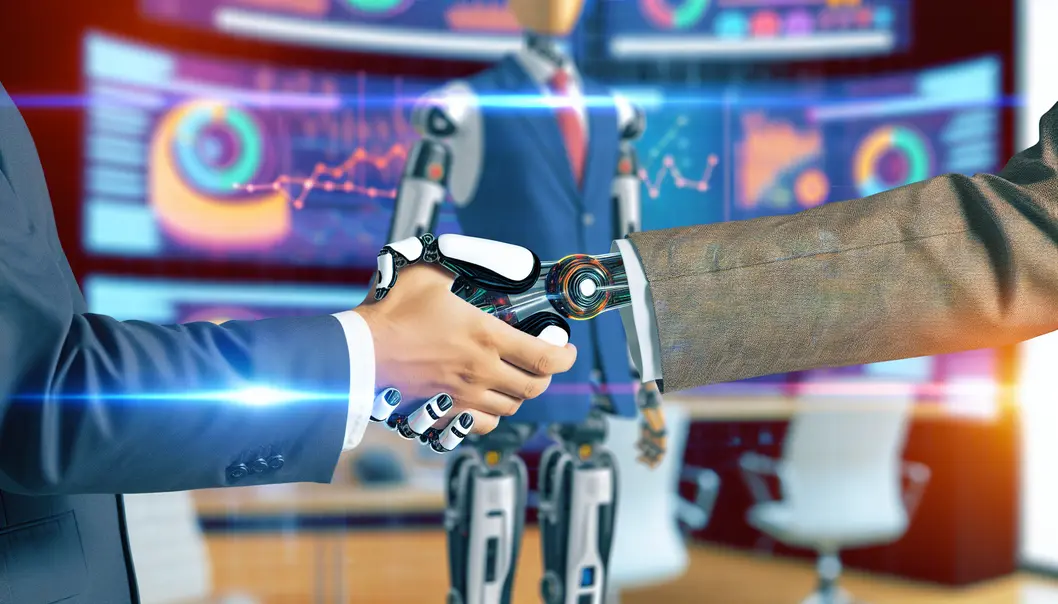 A modern office with AI systems depicted through digital overlays enhancing productivity and efficiency.